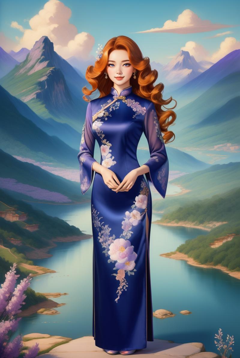 00142-Chinese Landscape Painting full body, (ginger wavy hair_1.3), woman,  smile, ch30ngs4m_1, long silk cheongsam, silver and pale l.png